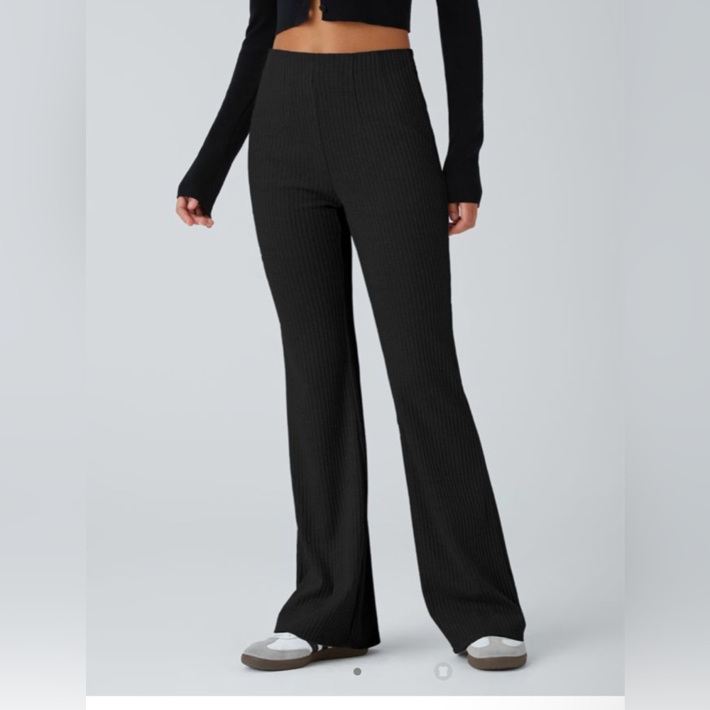 Ribbed Knit High Waisted Side Zipper Pockets Casual Flare Pants